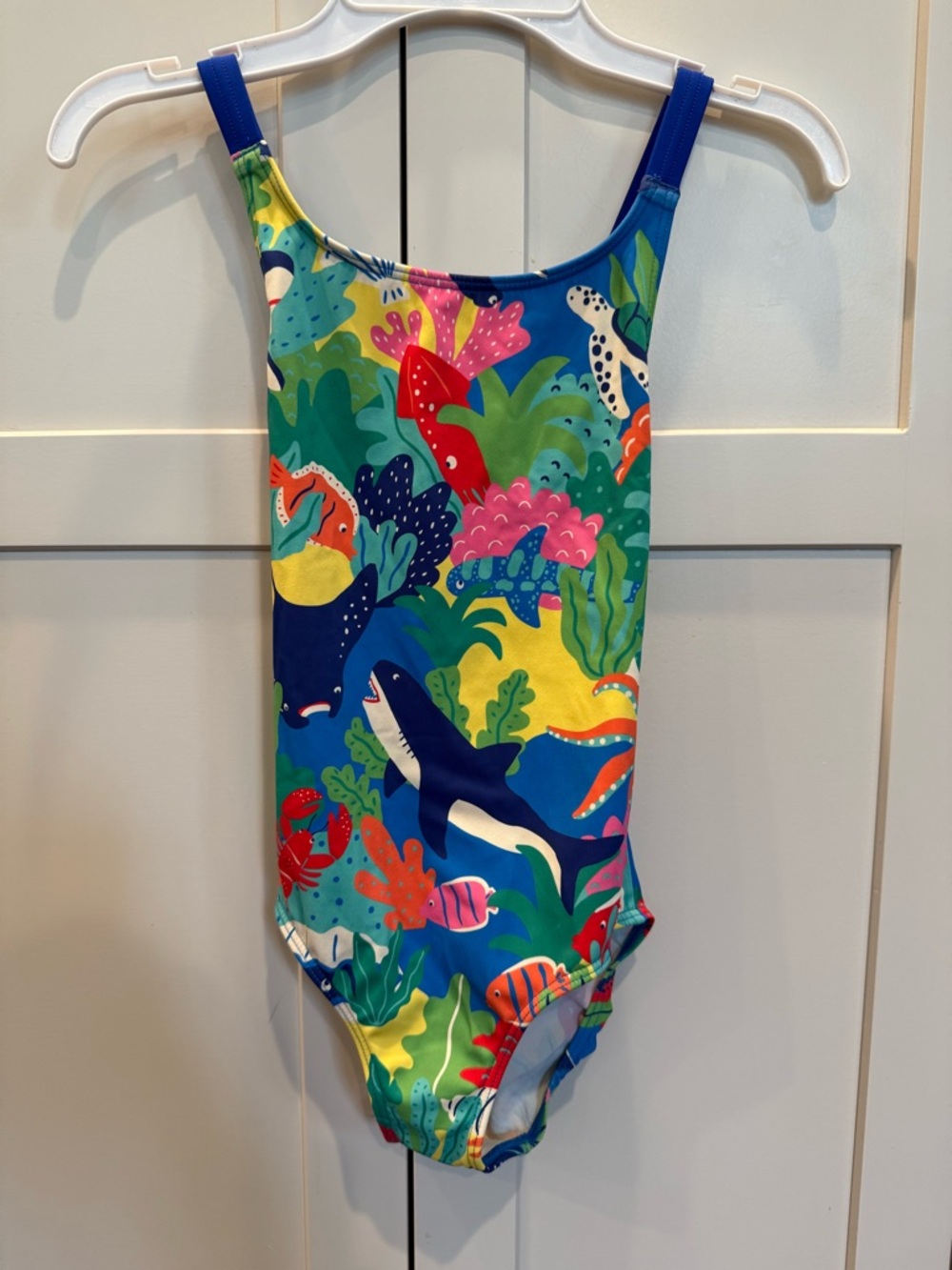 Girls' Boden Blue Multicolor Ocean Print One-Piece Swimsuit